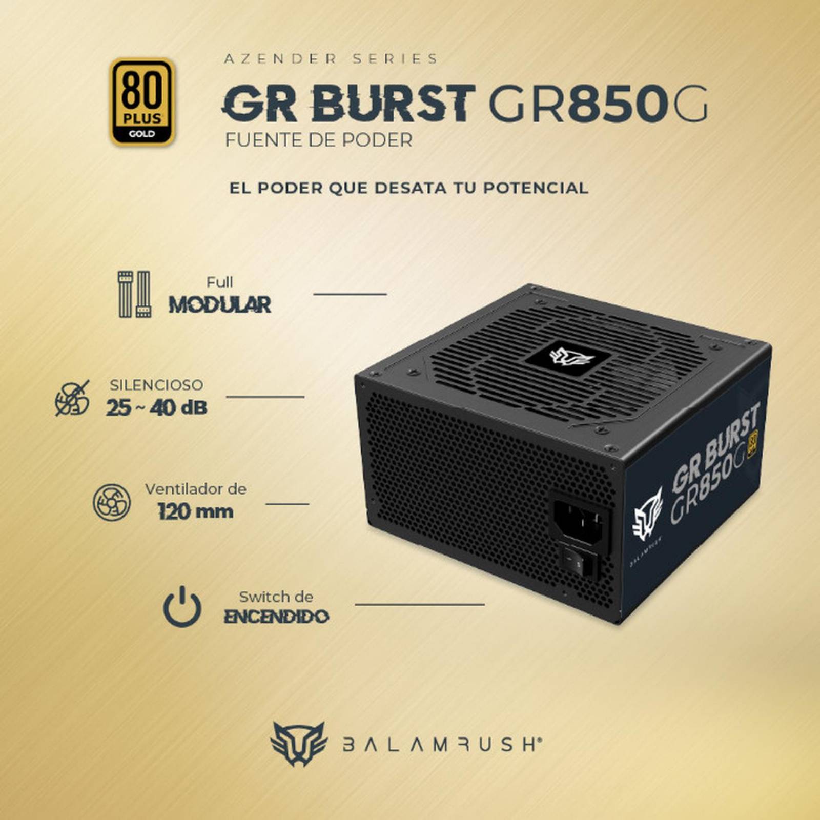 Fuente de Poder PC 850W Gamer BALAM RUSH GR BURST GR850G 80 Plus Gold Modular Negro BR-937658