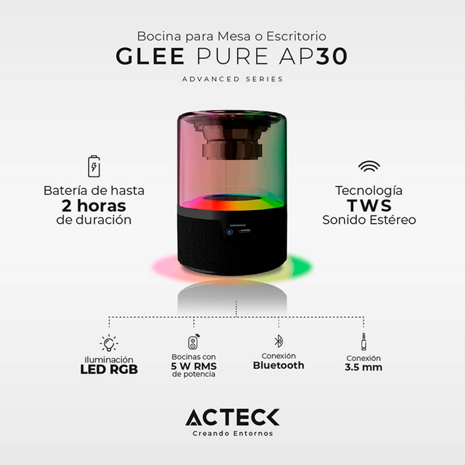 Bocina Portatil ACTECK GLEE PURE AP30 Inalambrica Luz LED Tws Negro AC-936422 