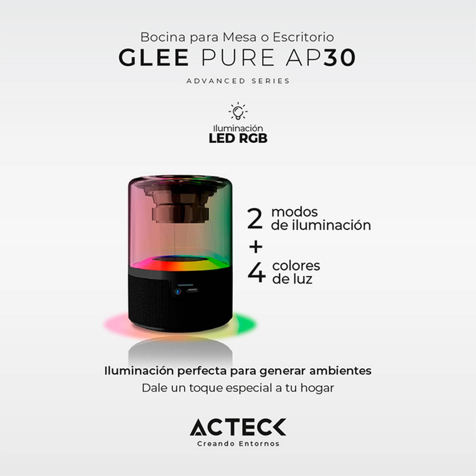 Bocina Portatil ACTECK GLEE PURE AP30 Inalambrica Luz LED Tws Negro AC-936422 