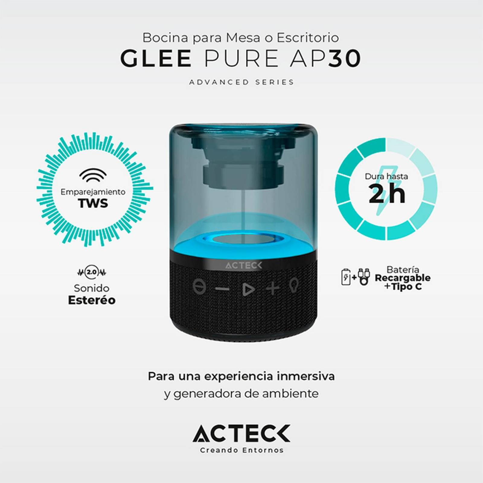 Bocina Portatil ACTECK GLEE PURE AP30 Inalambrica Luz LED Tws Negro AC-936422 