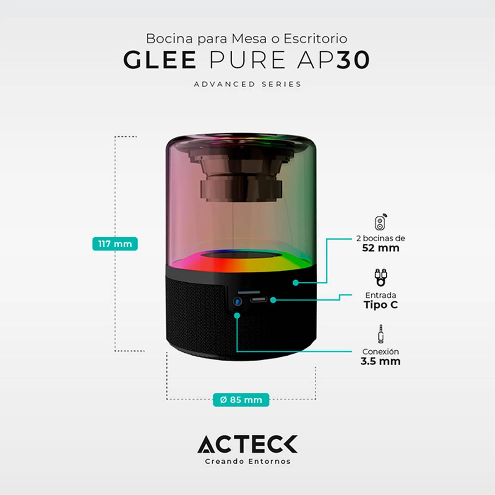 Bocina Portatil ACTECK GLEE PURE AP30 Inalambrica Luz LED Tws Negro AC-936422 