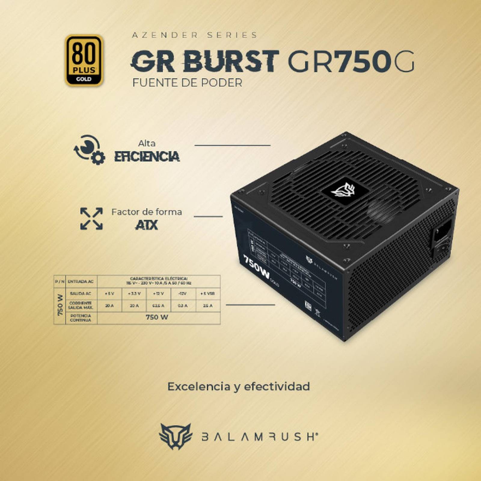 Fuente de Poder PC 750W Gamer BALAM RUSH GR BURST GR750G 80 Plus Gold Modular Negro BR-937665 