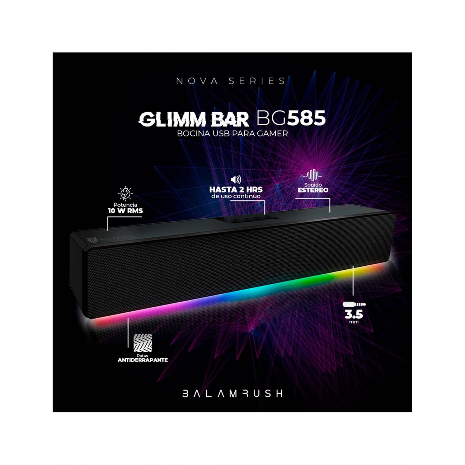 Bocina Gamer BALAM RUSH GLIMM BAR BG585 LED Bluetooth 3.5mm Negro BR-936958 