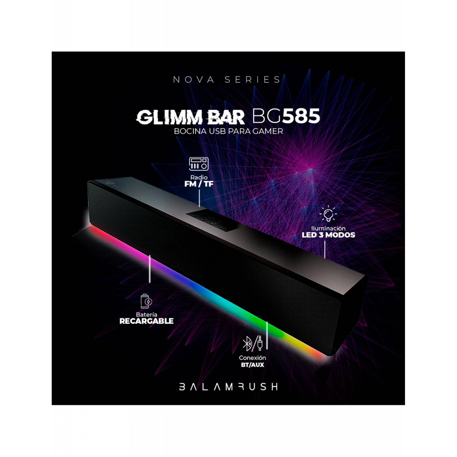 Bocina Gamer BALAM RUSH GLIMM BAR BG585 LED Bluetooth 3.5mm Negro BR-936958 