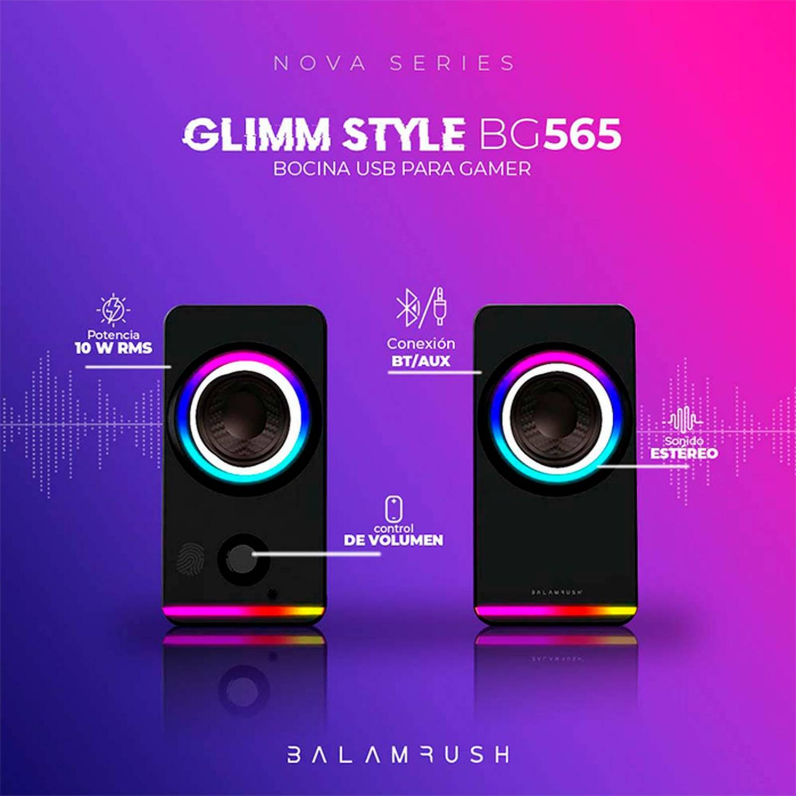 Bocina Gamer BALAM RUSH GLIMM STYLE BG565 LED Bluetooth 3.5mm Negro BR-936996 