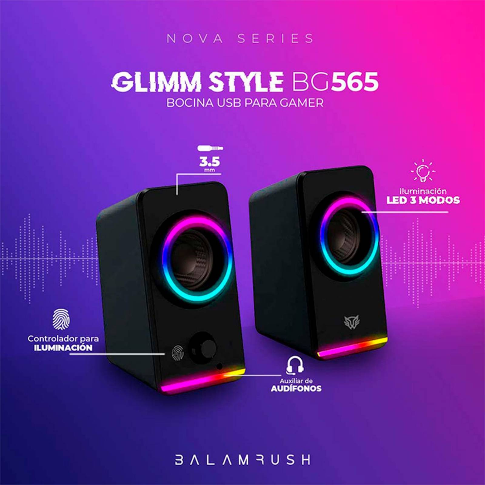 Bocina Gamer BALAM RUSH GLIMM STYLE BG565 LED Bluetooth 3.5mm Negro BR-936996 