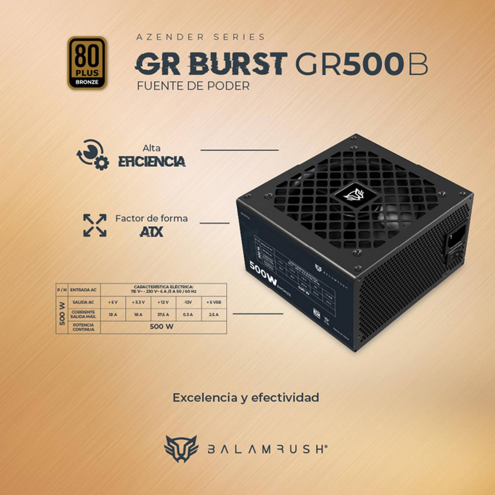 Fuente de Poder PC 500W Gamer BALAM RUSH GR BURST GR500B 80 Plus Bronze No Modular Negro BR-937702