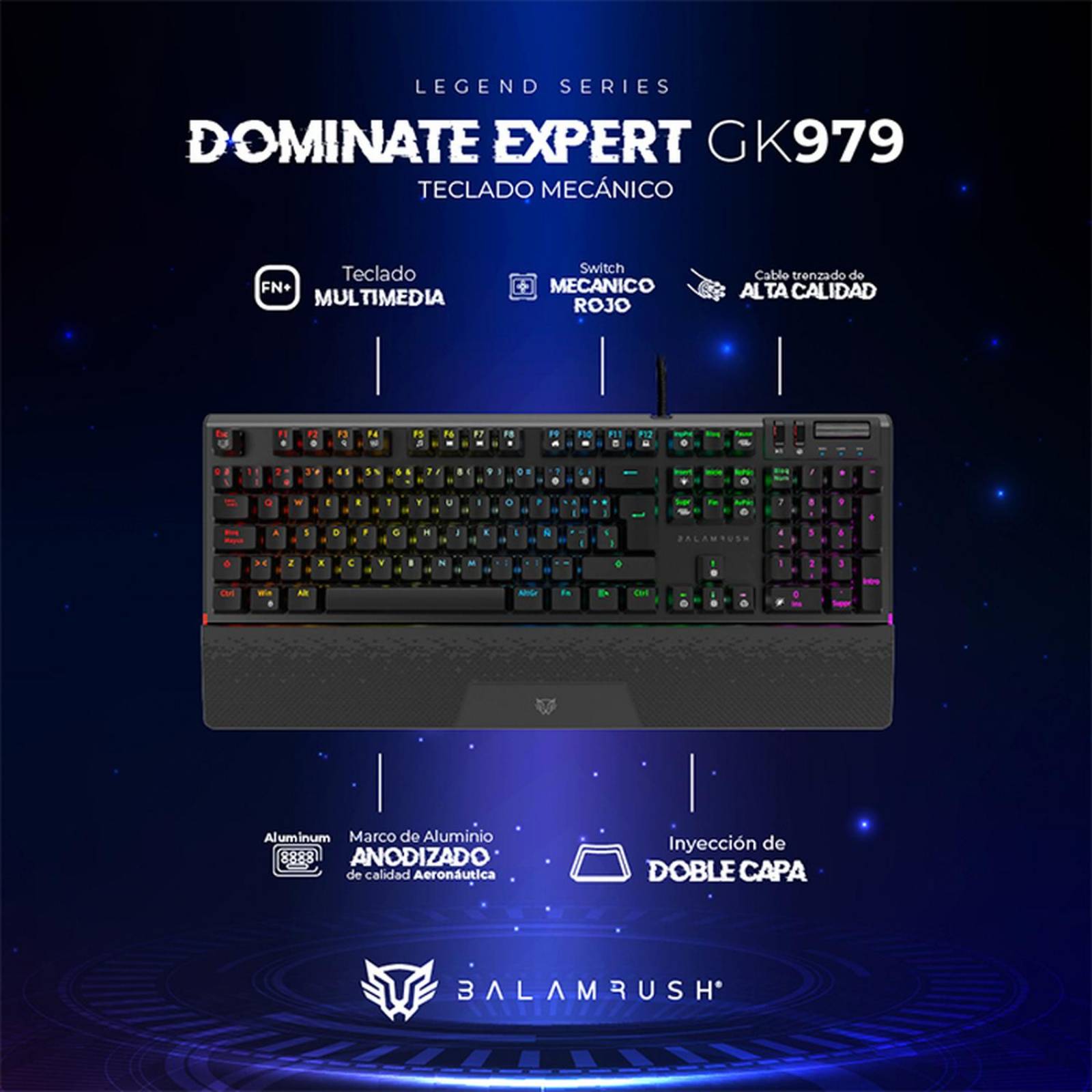 Teclado Gamer Mecanico BALAM RUSH DOMINATE EXPERT GK979 Swtch Rojo RGB Negro BR-936781 