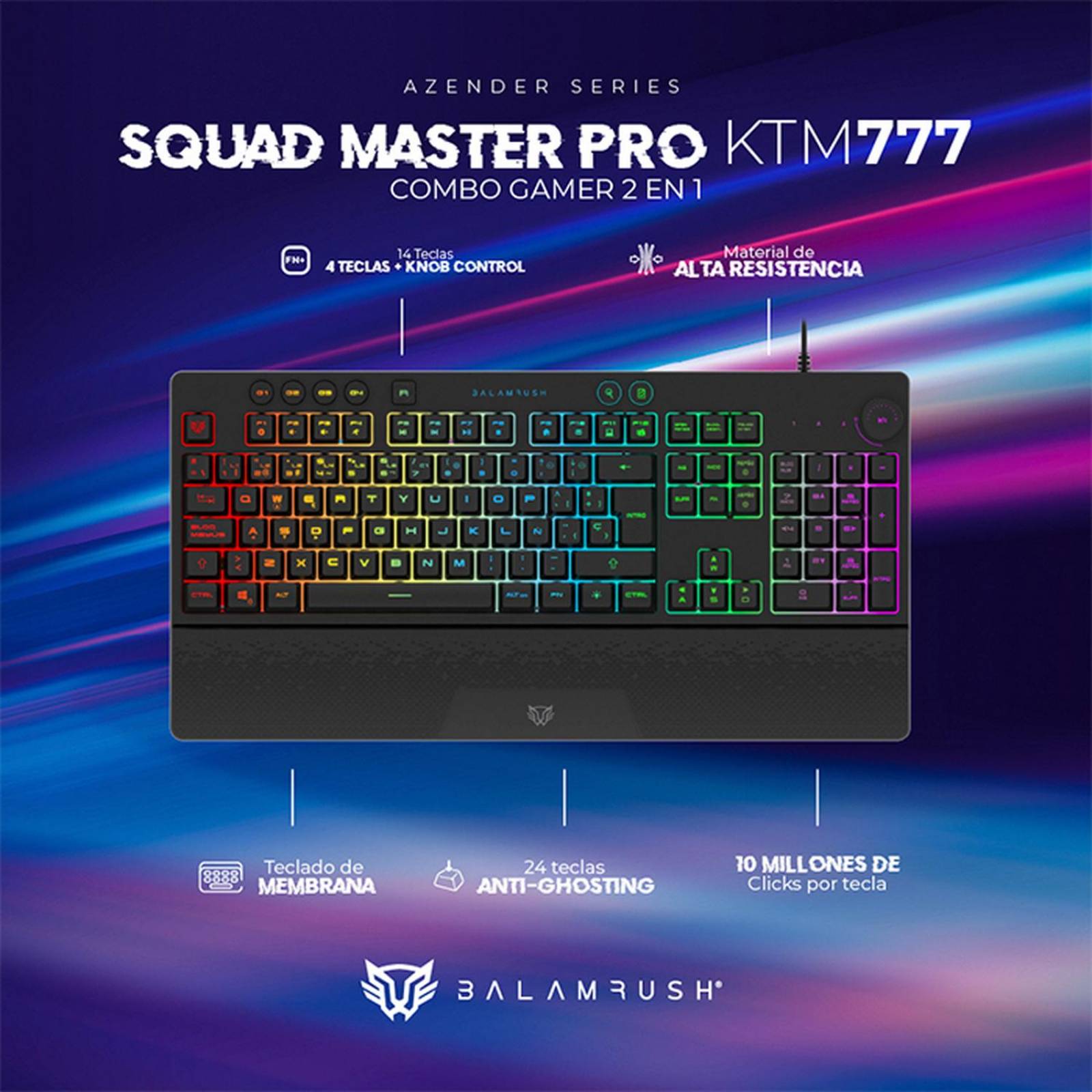 Kit Teclado y Mouse Gamer BALAM RUSH SQUAD MASTER PRO KTM777 Alambrico USB RGB Negro BR-936903 