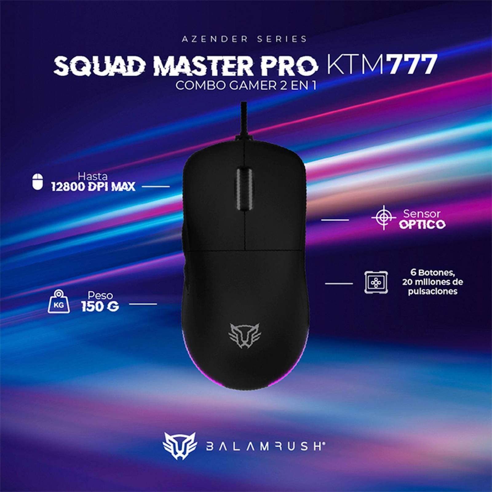 Kit Teclado y Mouse Gamer BALAM RUSH SQUAD MASTER PRO KTM777 Alambrico USB RGB Negro BR-936903 