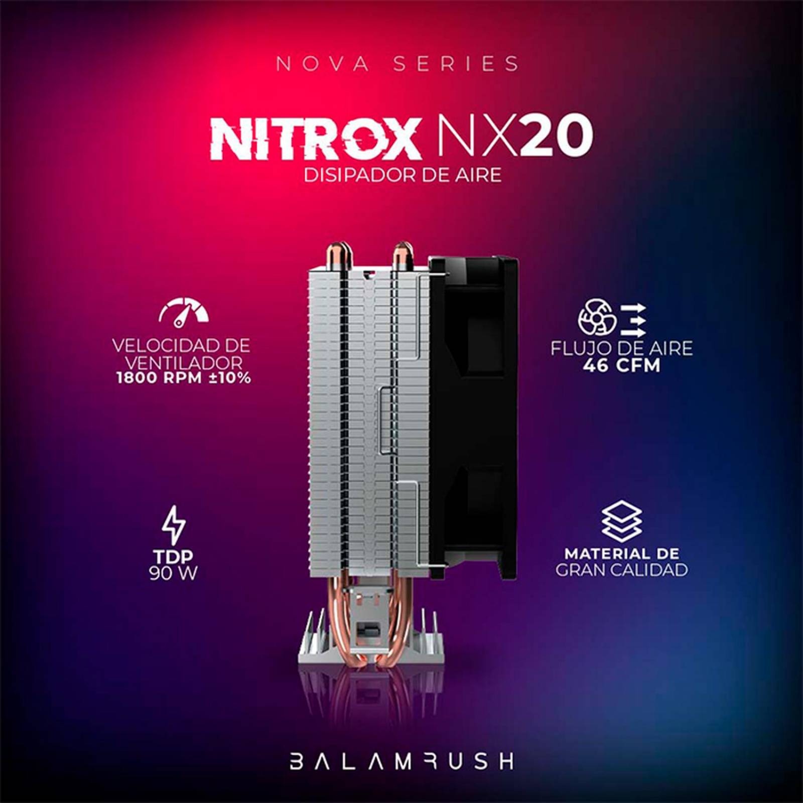Disipador CPU Gamer BALAM RUSH NITROX NX20 92mm LGA 1700 AM5 1800 rpm 3-pin Negro BR-937894