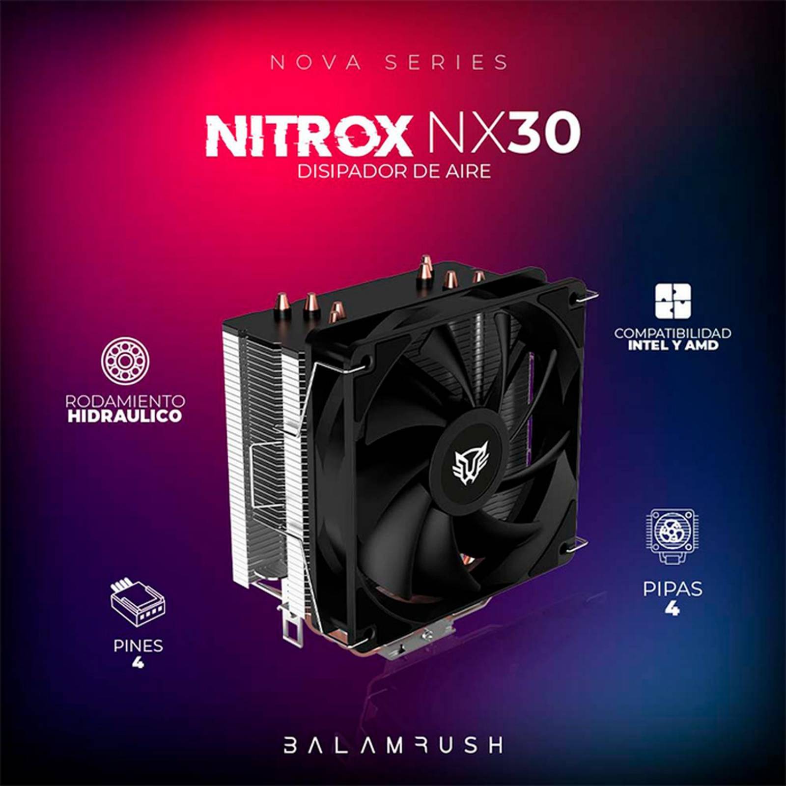 Disipador CPU Gamer BALAM RUSH NITROX NX30 120mm LGA 1700 AM5 1400 rpm 4-pin Negro BR-937900 