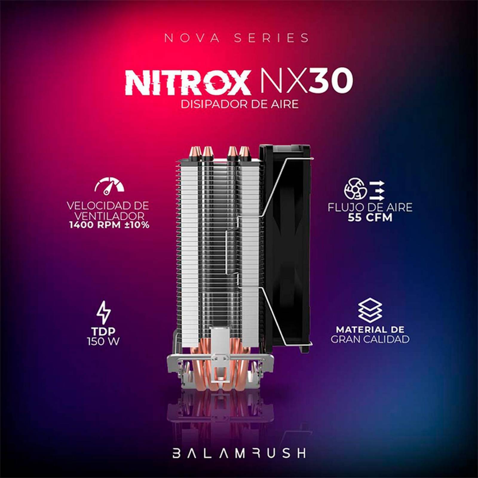 Disipador CPU Gamer BALAM RUSH NITROX NX30 120mm LGA 1700 AM5 1400 rpm 4-pin Negro BR-937900 