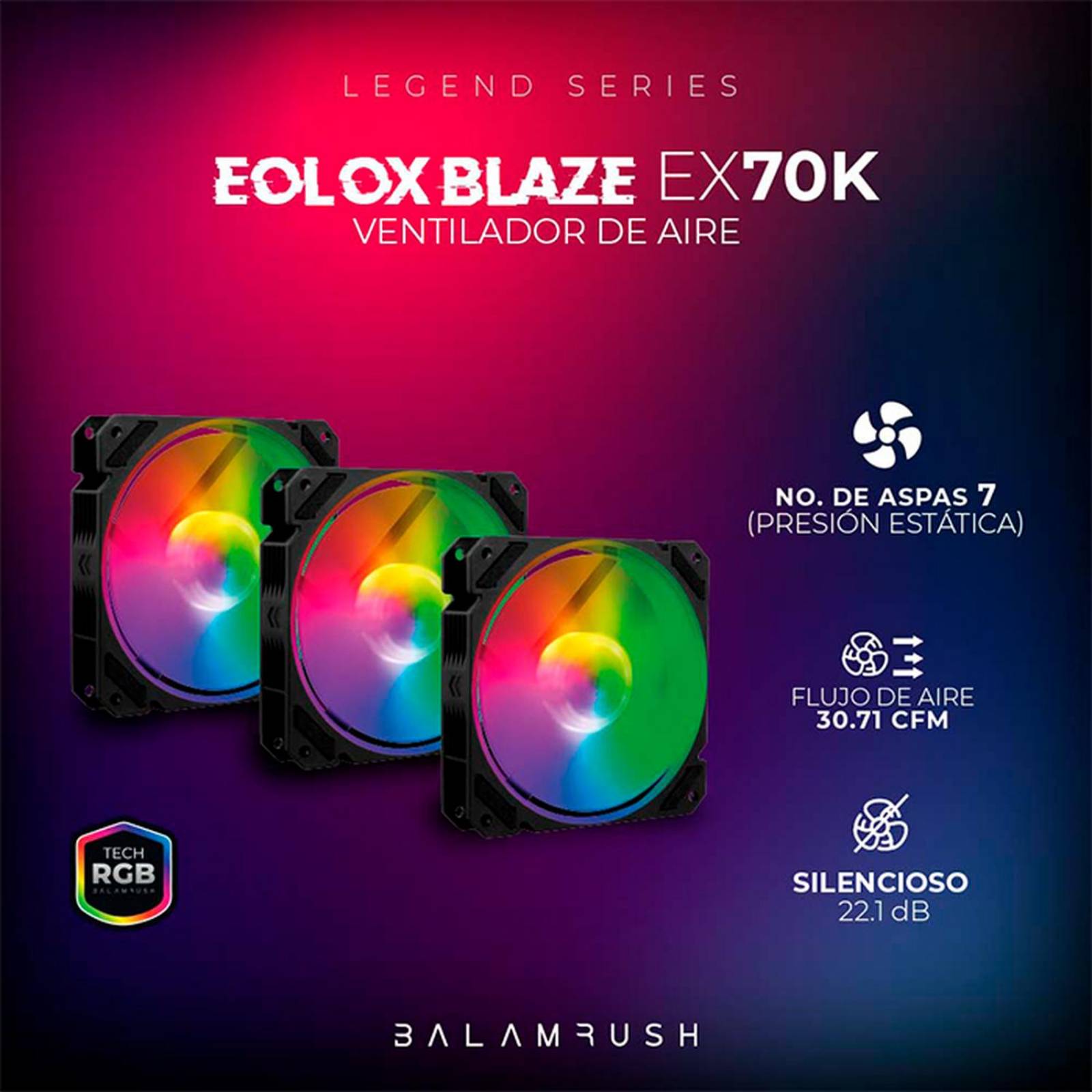 Kit 3 Ventiladores Gamer BALAM RUSH EOLOX BLAZE EX70K 120mm RGB 1200RPM Negro BR-937962 