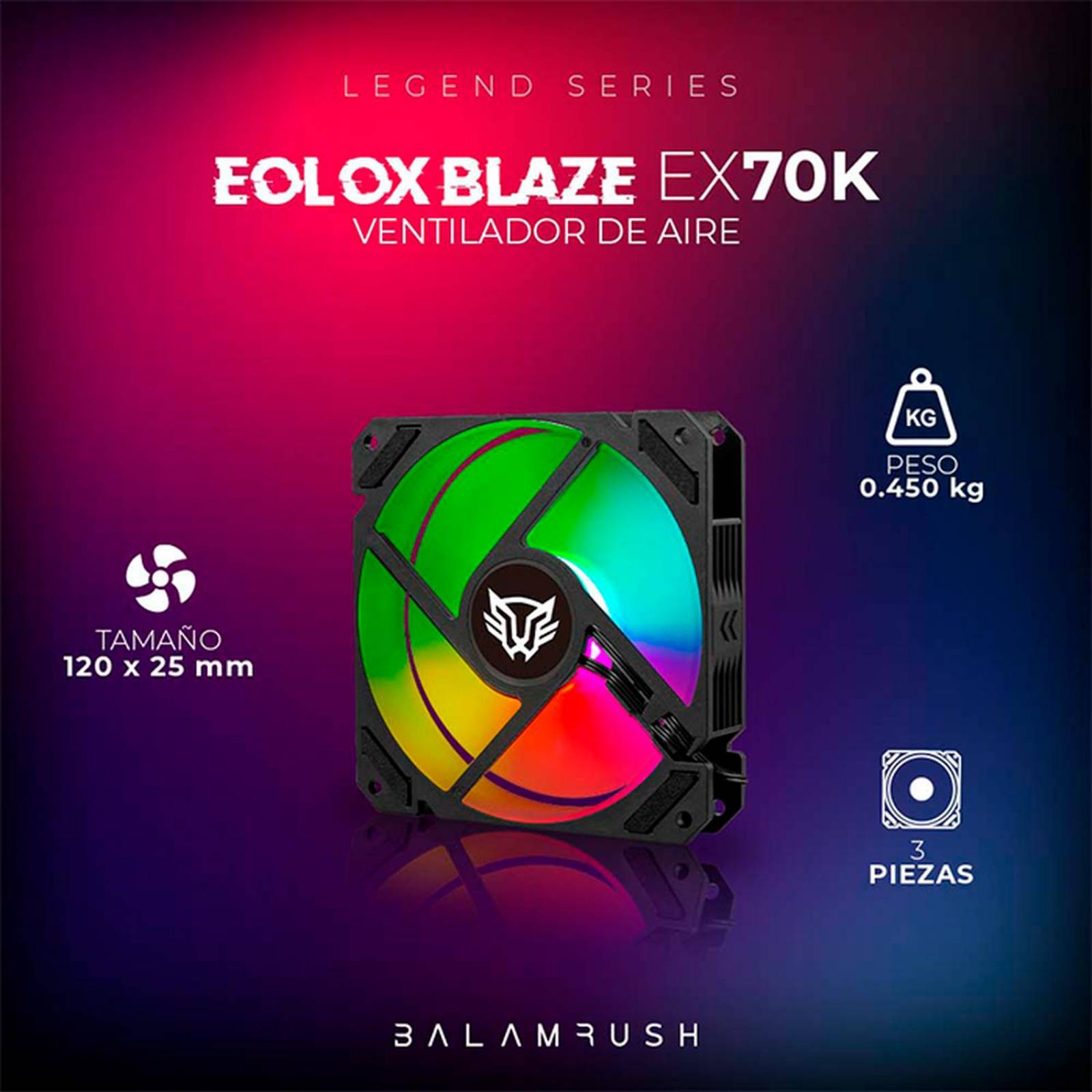 Kit 3 Ventiladores Gamer BALAM RUSH EOLOX BLAZE EX70K 120mm RGB 1200RPM Negro BR-937962 