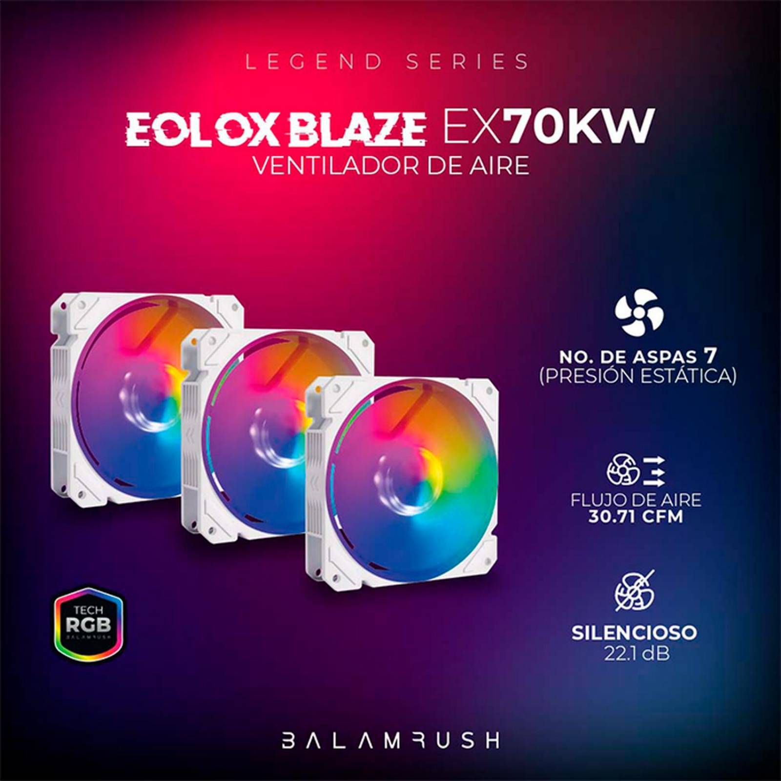 Kit 3 Ventiladores Gamer BALAM RUSH EOLOX BLAZE EX70KW 120mm RGB 1200RPM Blanco BR-937979 