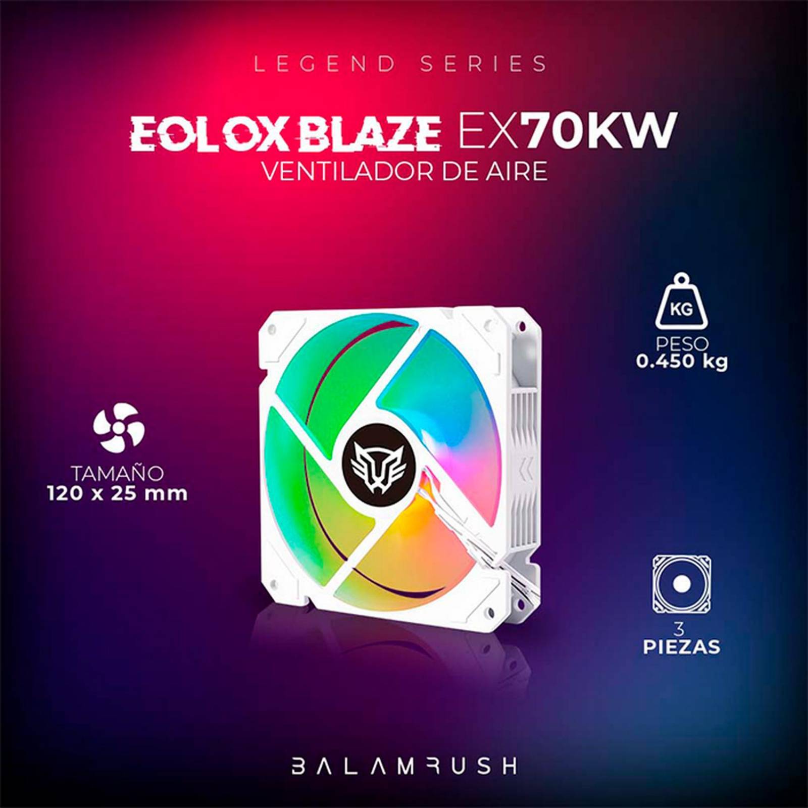 Kit 3 Ventiladores Gamer BALAM RUSH EOLOX BLAZE EX70KW 120mm RGB 1200RPM Blanco BR-937979 