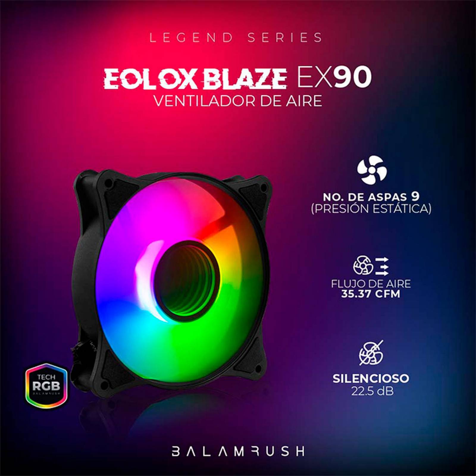 Ventilador Gamer BALAM RUSH EOLOX BLAZE EX90 120mm RGB 1200RPM Negro BR-938020 