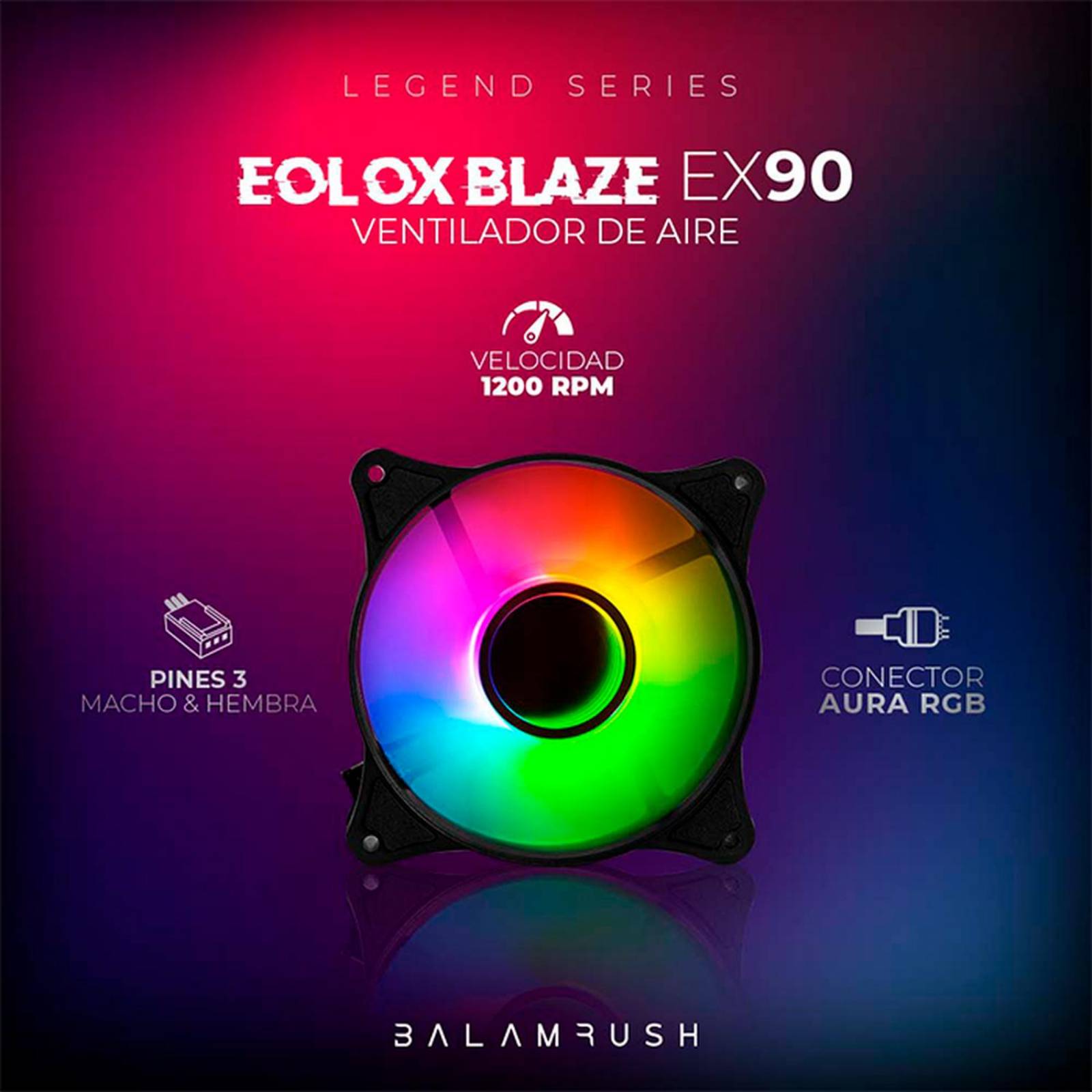 Ventilador Gamer BALAM RUSH EOLOX BLAZE EX90 120mm RGB 1200RPM Negro BR-938020 