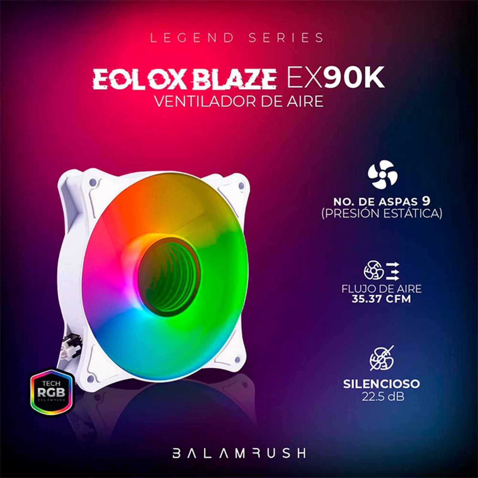Ventilador Gamer BALAM RUSH EOLOX BLAZE EX90W 120mm RGB 1200RPM Blanco BR-938037 