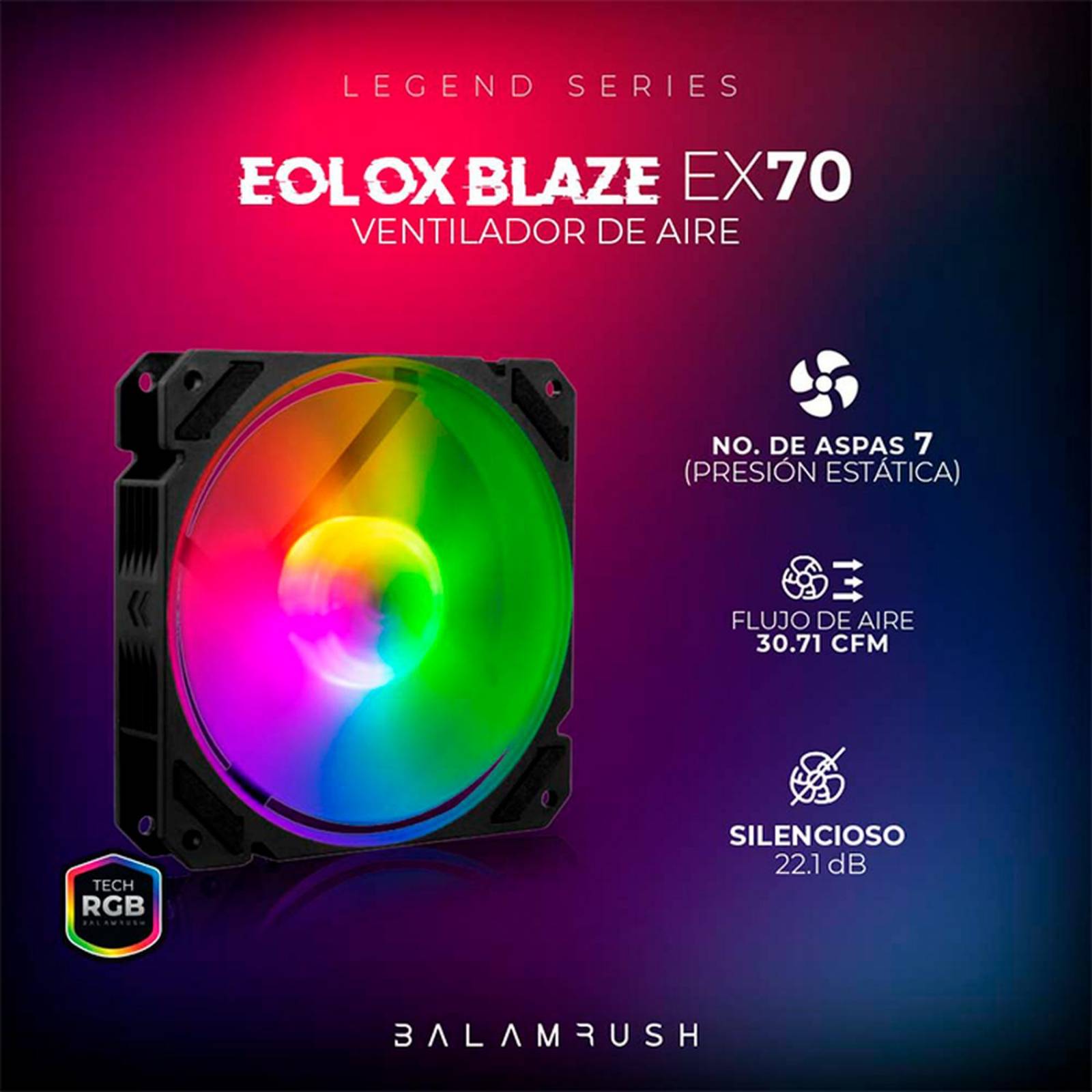 Ventilador Gamer BALAM RUSH EOLOX BLAZE EX70 120mm RGB 1200RPM Negro BR-938044 