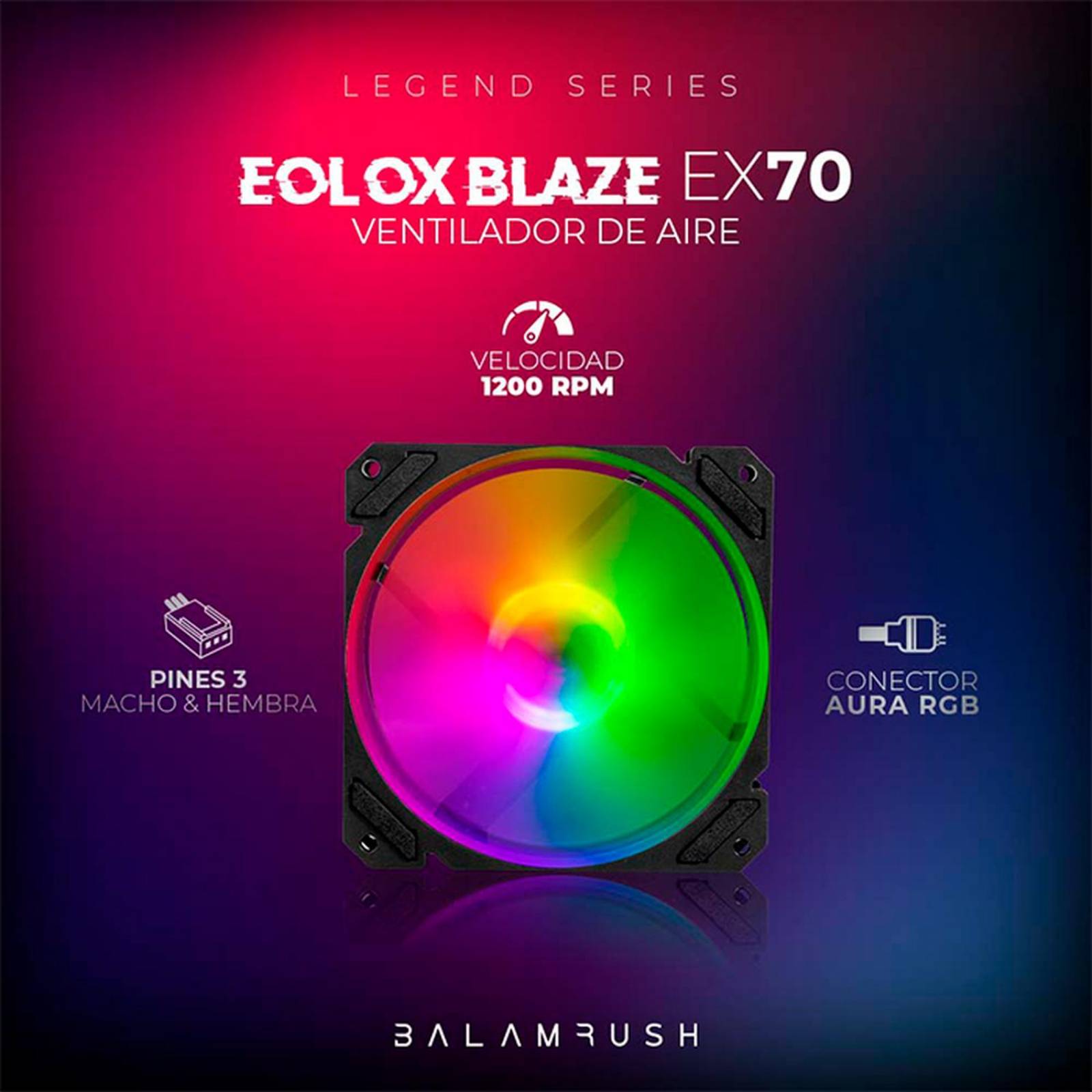 Ventilador Gamer BALAM RUSH EOLOX BLAZE EX70 120mm RGB 1200RPM Negro BR-938044 