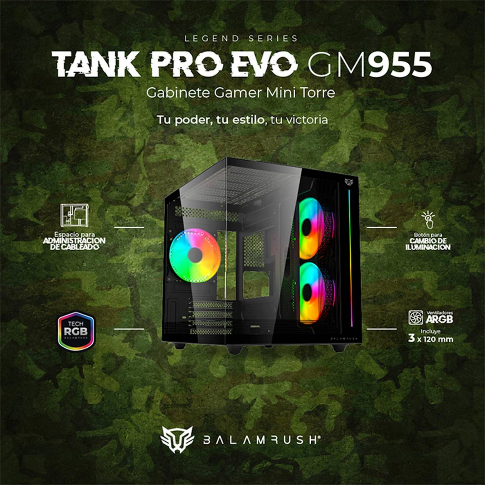 Gabinete Gamer BALAM RUSH TANK PRO EVO GM955 M-ATX Mini Torre 3 Fan RGB USB-C Negro BR-937320 