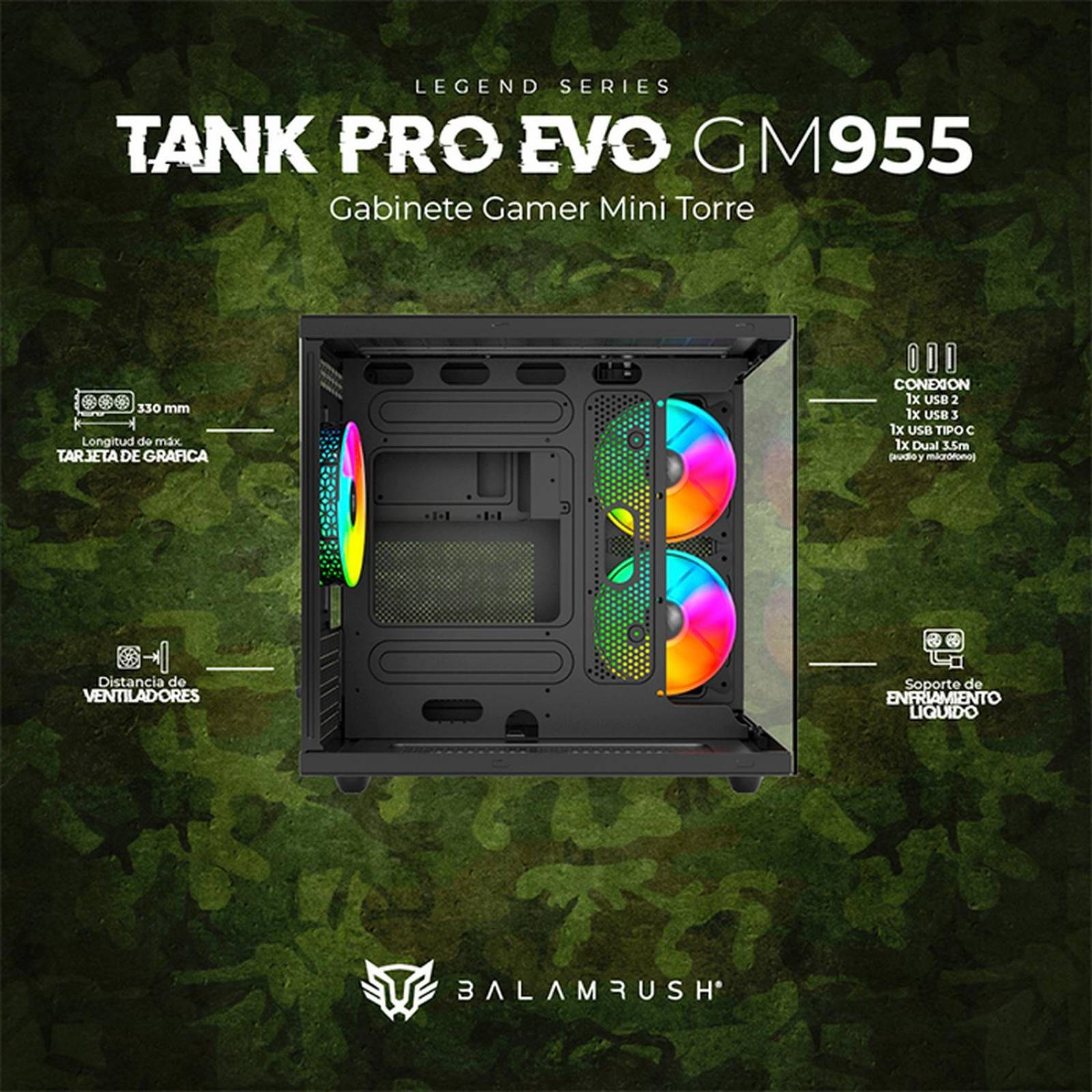 Gabinete Gamer BALAM RUSH TANK PRO EVO GM955 M-ATX Mini Torre 3 Fan RGB USB-C Negro BR-937320 