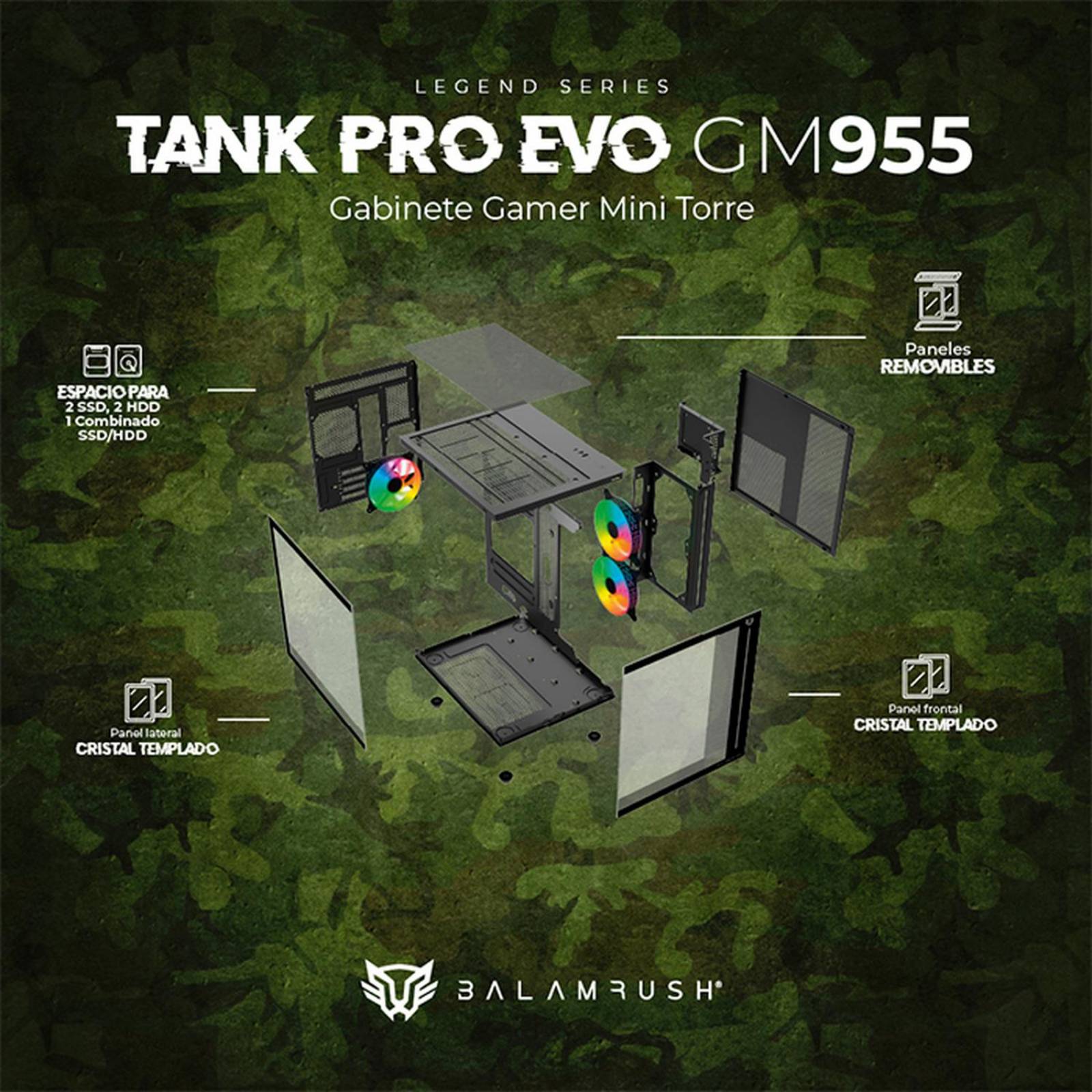 Gabinete Gamer BALAM RUSH TANK PRO EVO GM955 M-ATX Mini Torre 3 Fan RGB USB-C Negro BR-937320 