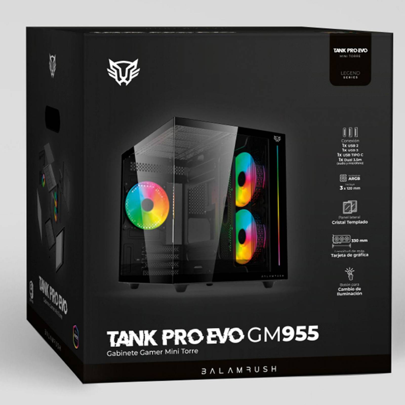 Gabinete Gamer BALAM RUSH TANK PRO EVO GM955 M-ATX Mini Torre 3 Fan RGB USB-C Negro BR-937320 