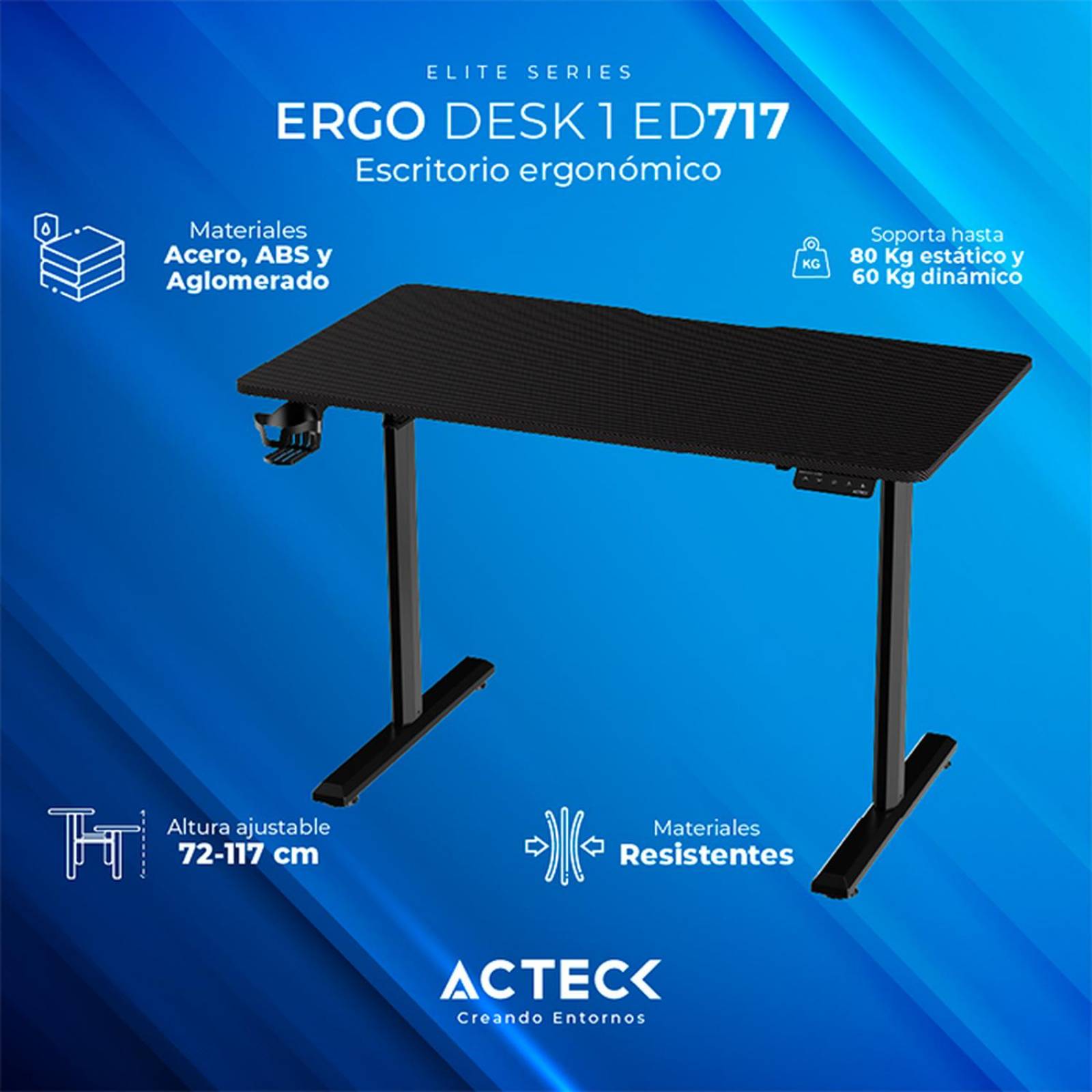 Escritorio Electrico ACTECK ERGO DESK 1 ED717 Altura ajustable Negro 60kg AC-937290 