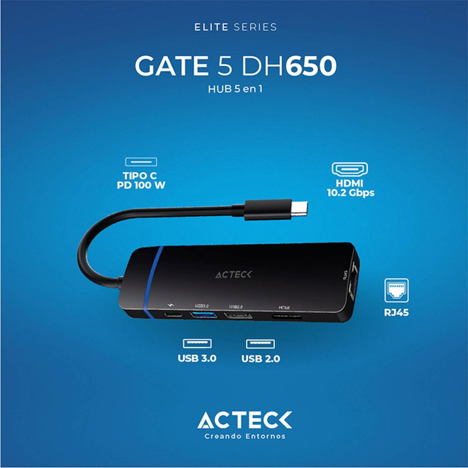 HUB ACTECK GATE 5 DH650 Multipuerto 5 en 1 USB-C USB Ethernet HDMI 4k Negro AC-936774 