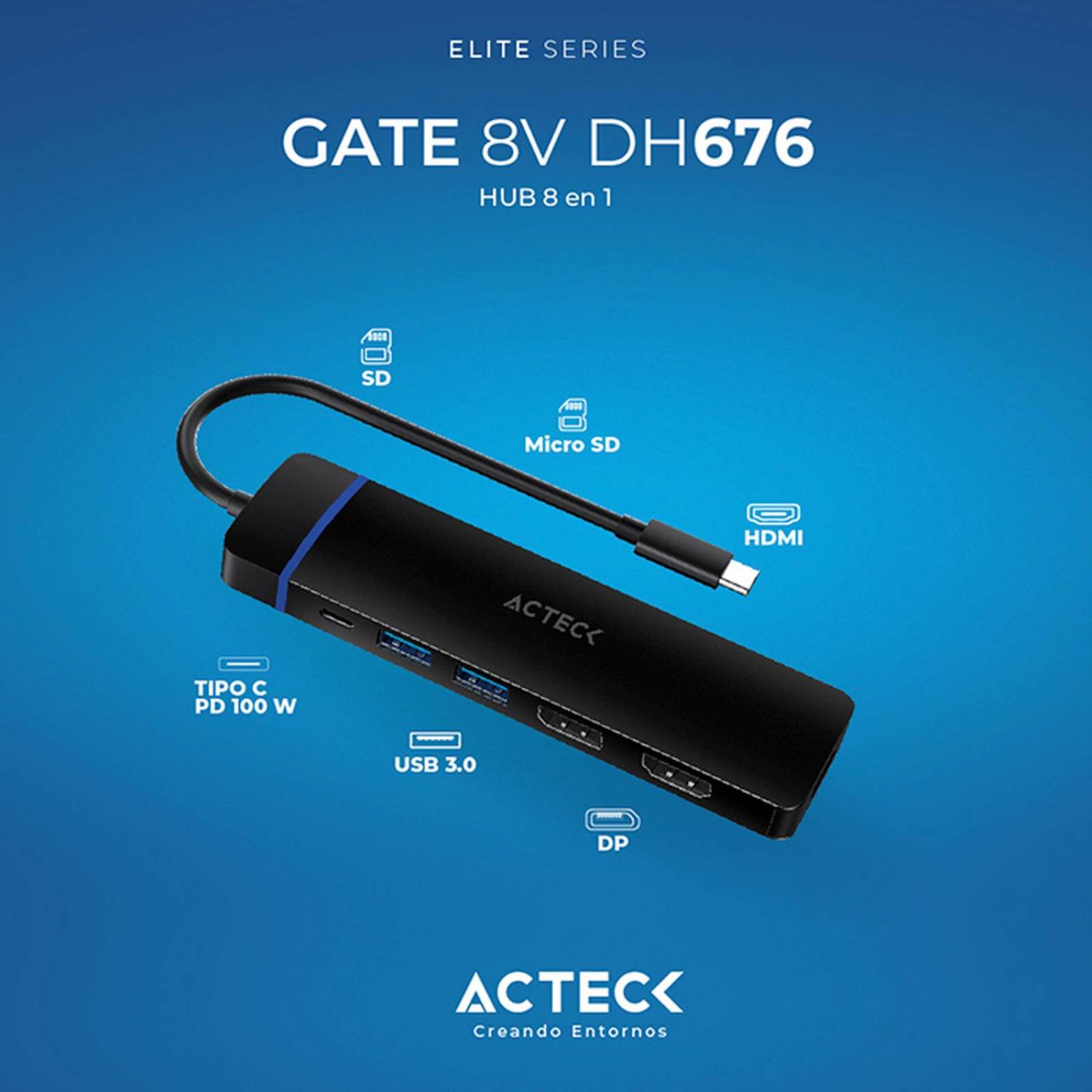 HUB ACTECK GATE 8V DH676 Multipuerto 8 en 1 USB-C HDMI DisplayPort Micro SD Negro AC-936477 