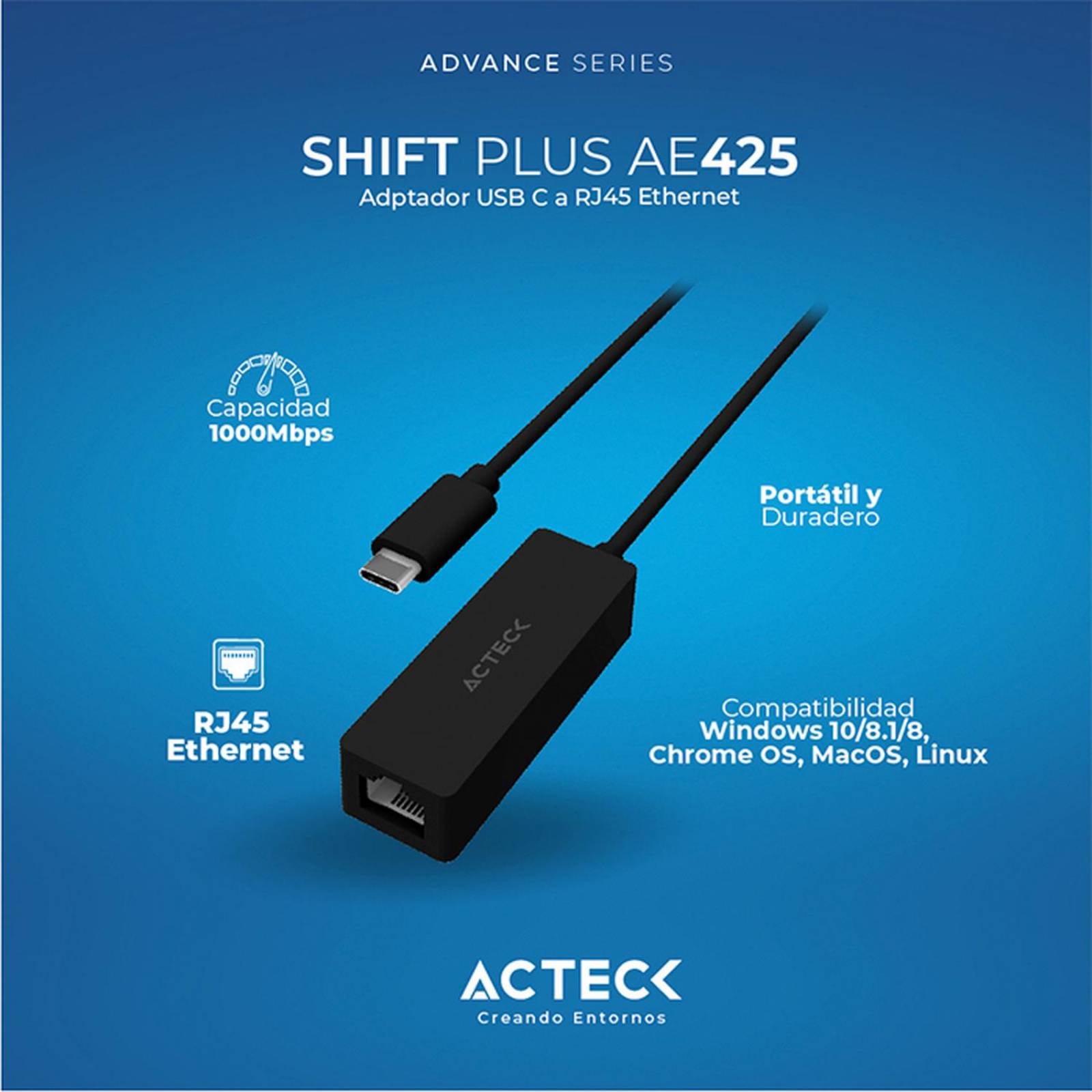 Adaptador convertidor ACTECK SHIFT PLUS AE425 USB-C a Ethernet RJ45 Negro AC-937085