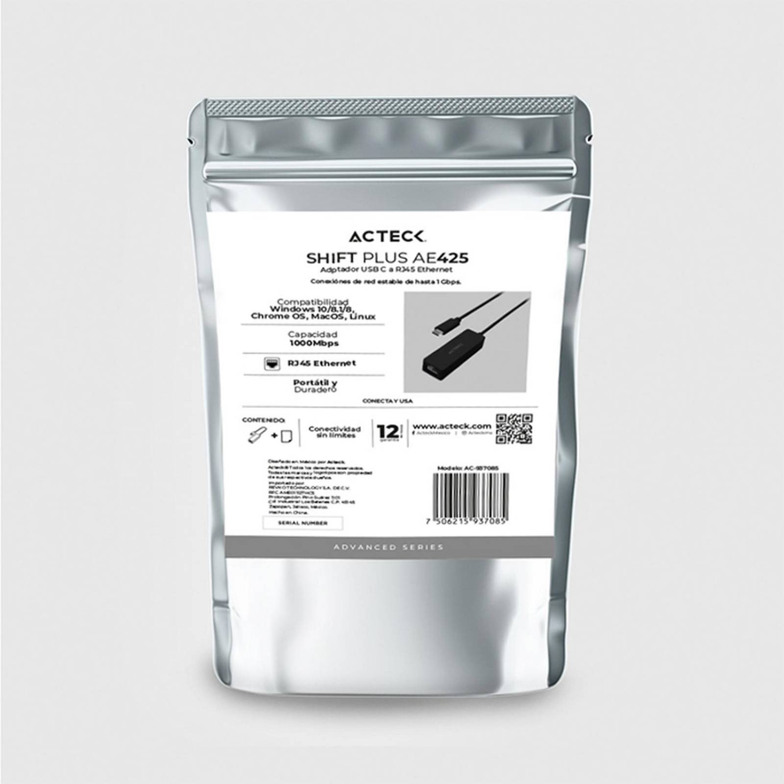 Adaptador convertidor ACTECK SHIFT PLUS AE425 USB-C a Ethernet RJ45 Negro AC-937085