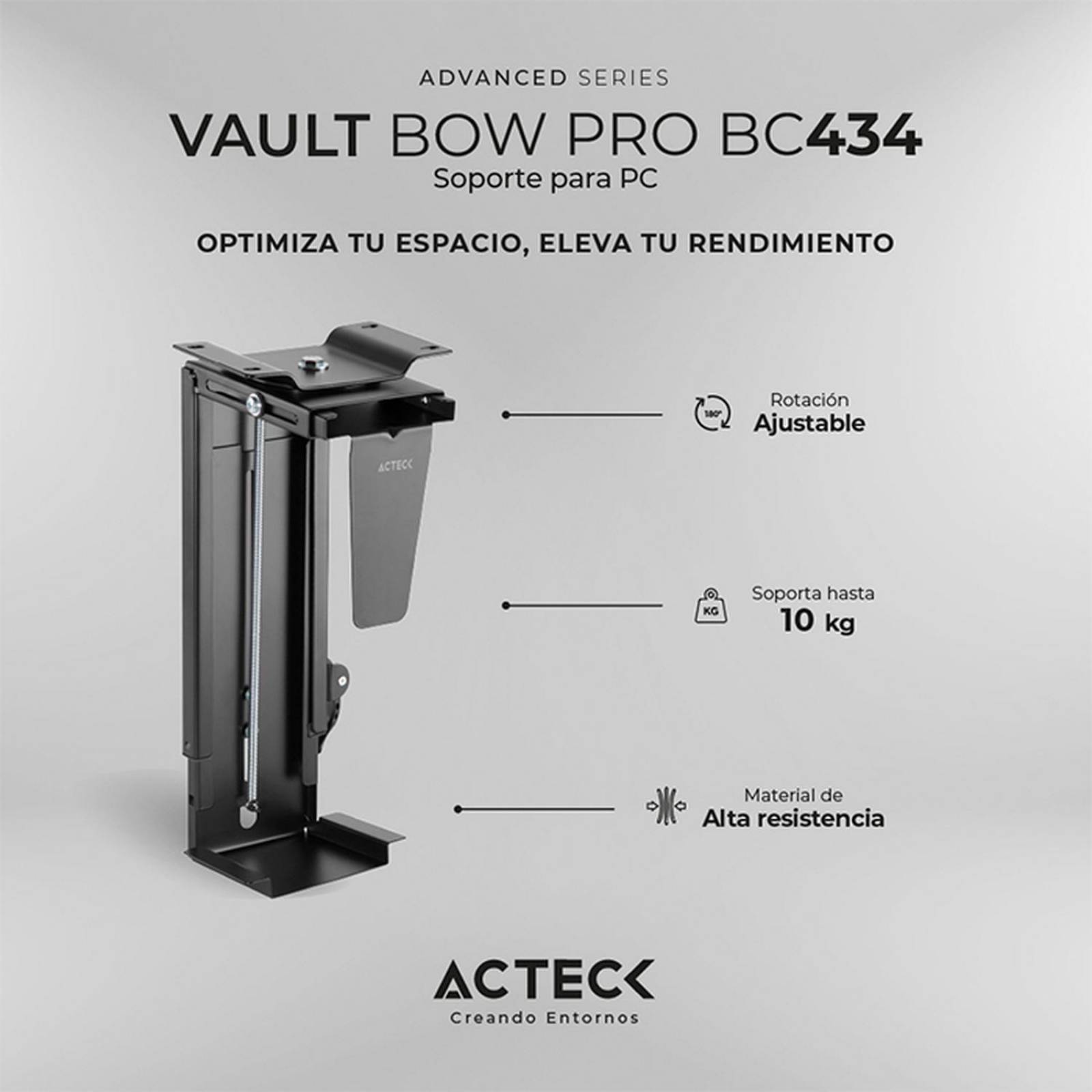 Soporte CPU montable ACTECK VAULT BOW PRO BC434 Rotacion Ajustable Soporta 10Kg Negro AC-936613