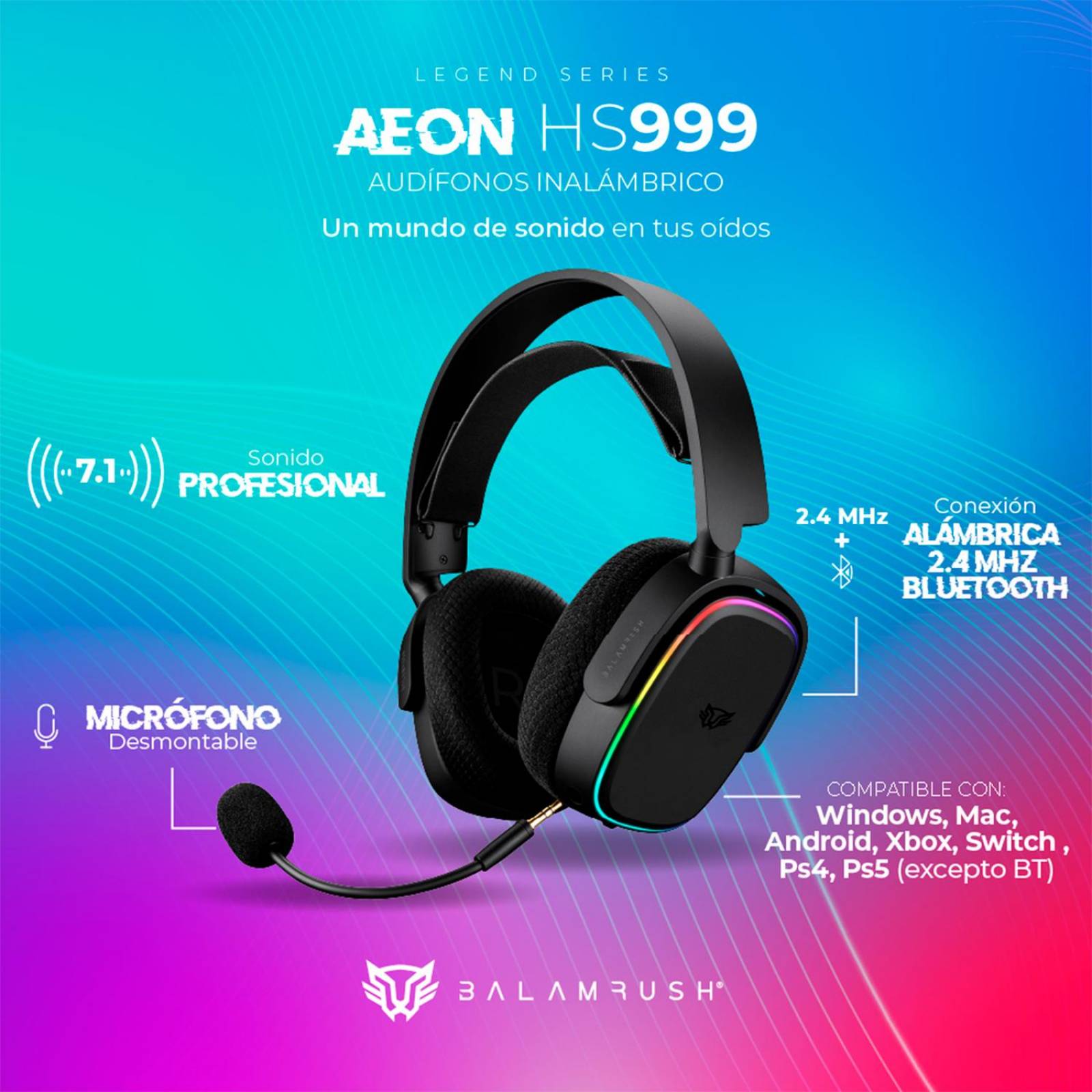 Audifonos Diadema Gamer BALAM RUSH AEON HS999 Inalambrico Microfono flexible USB RGB BR-936934 