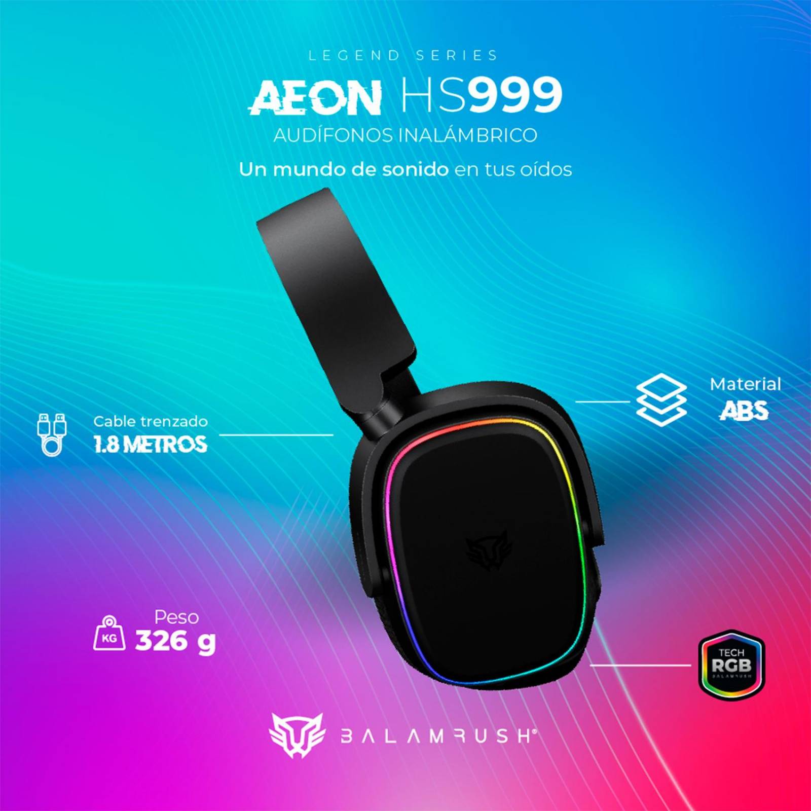Audifonos Diadema Gamer BALAM RUSH AEON HS999 Inalambrico Microfono flexible USB RGB BR-936934 