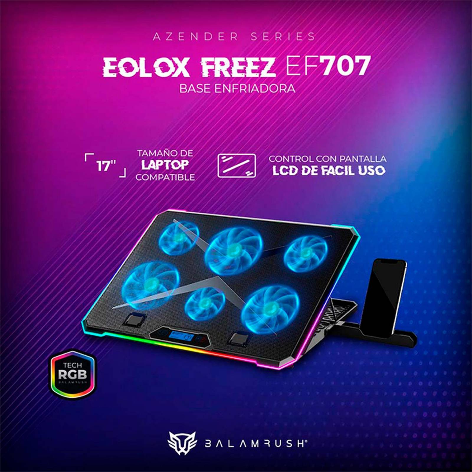 Base Enfriadora Gamer BALAM RUSH EOLOX FREEZ EF707 Laptop 17 pulgadas 6 fan RGB Negro BR-937429 