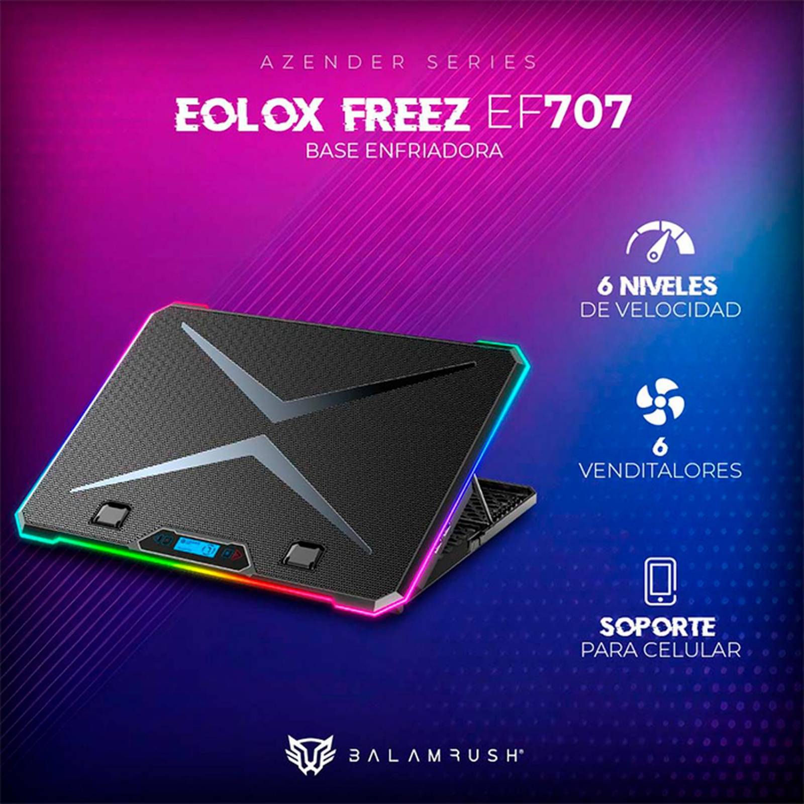 Base Enfriadora Gamer BALAM RUSH EOLOX FREEZ EF707 Laptop 17 pulgadas 6 fan RGB Negro BR-937429 