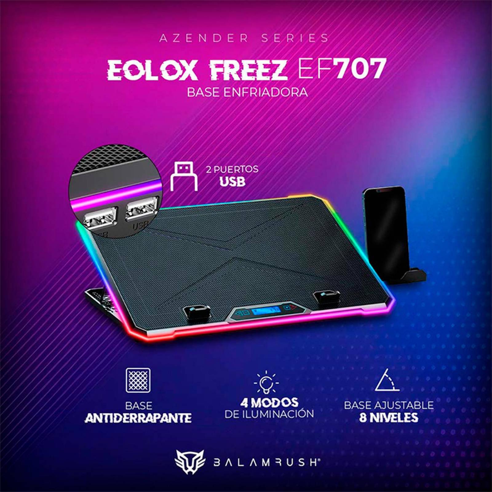Base Enfriadora Gamer BALAM RUSH EOLOX FREEZ EF707 Laptop 17 pulgadas 6 fan RGB Negro BR-937429 