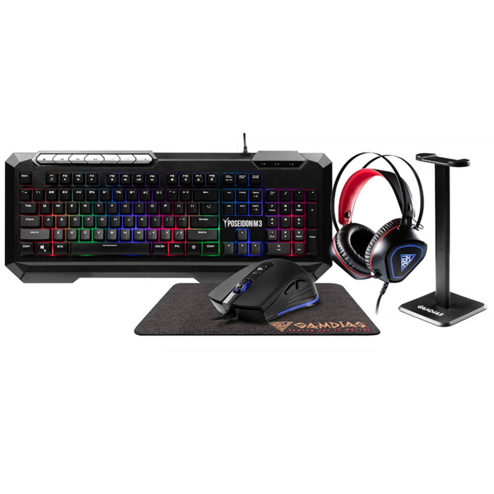 Kit Gamer 5 en 1 GAMDIAS POSEIDON M3 Teclado Mouse 3600DPI Diadema Mouse Pad