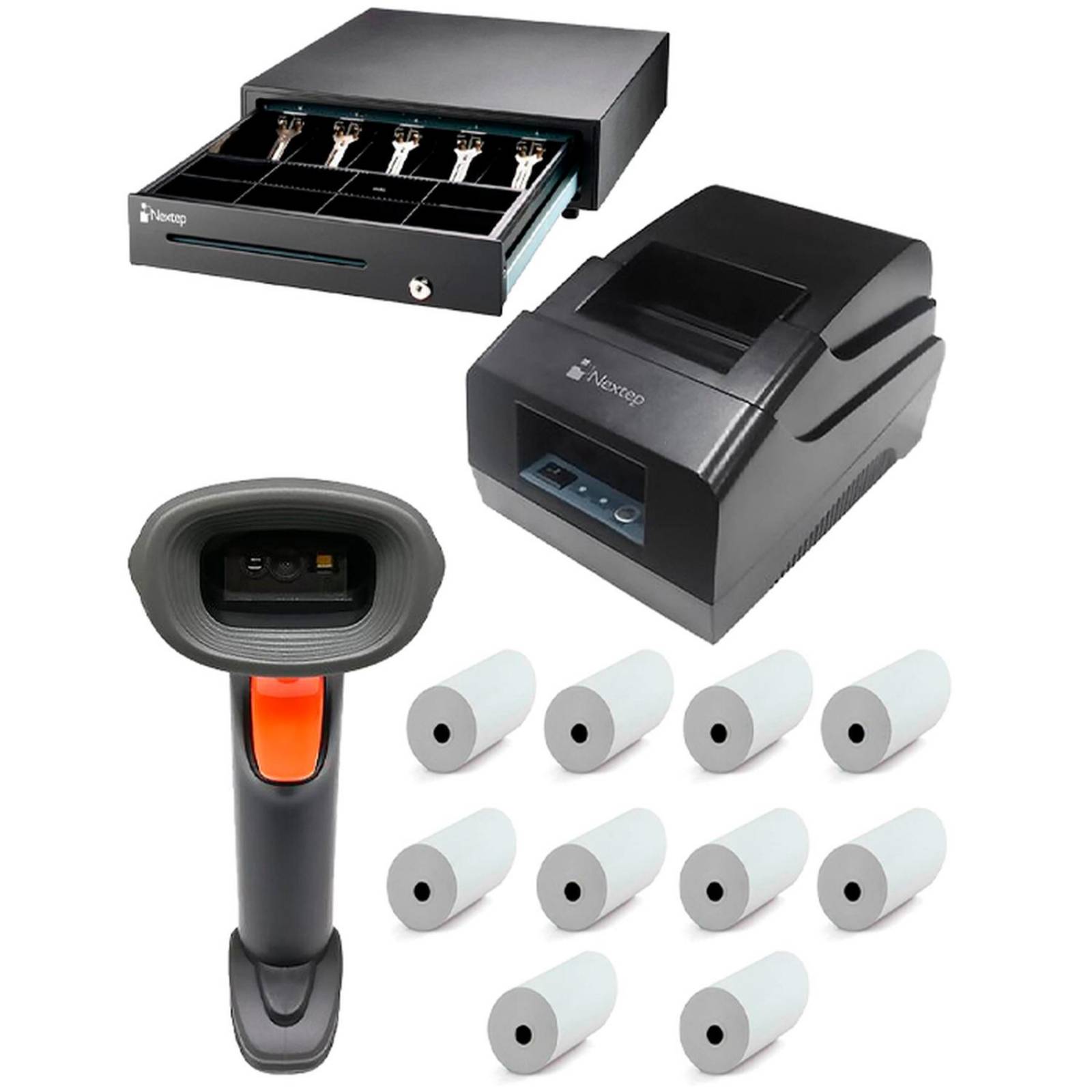Kit Punto De Venta NEXTEP Cajon Mini Printer 58MM Lector 10 Rollos 