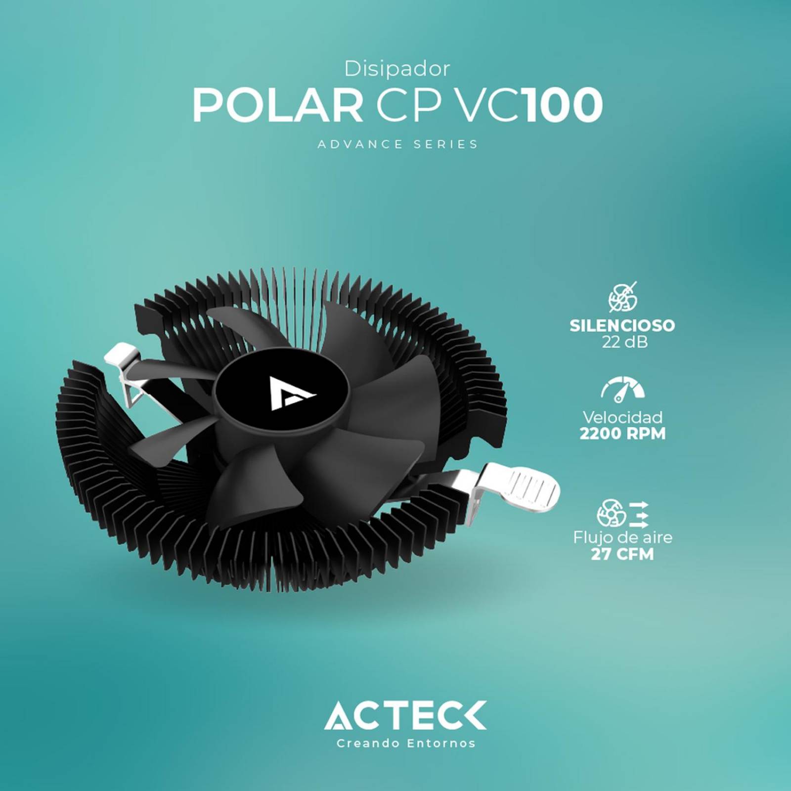 Disipador CPU ACTECK POLAR CP VC100 80mm LGA 1700 AM5 2200 rpm 3-pin Negro AC-936736 