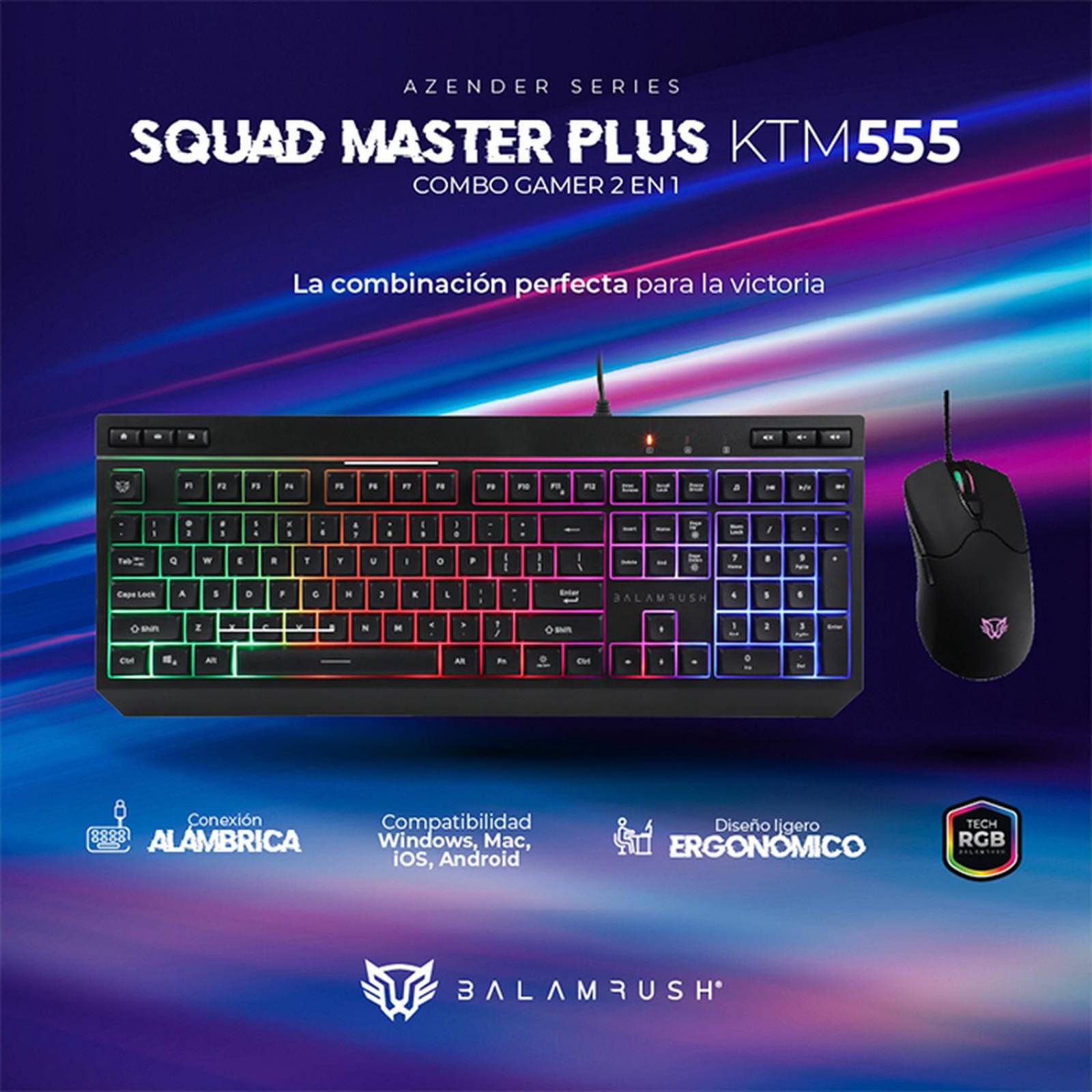 Kit Teclado y Mouse Gamer BALAM RUSH SQUAD MASTER PLUS KTM555 Alambrico USB RGB Negro BR-936286 