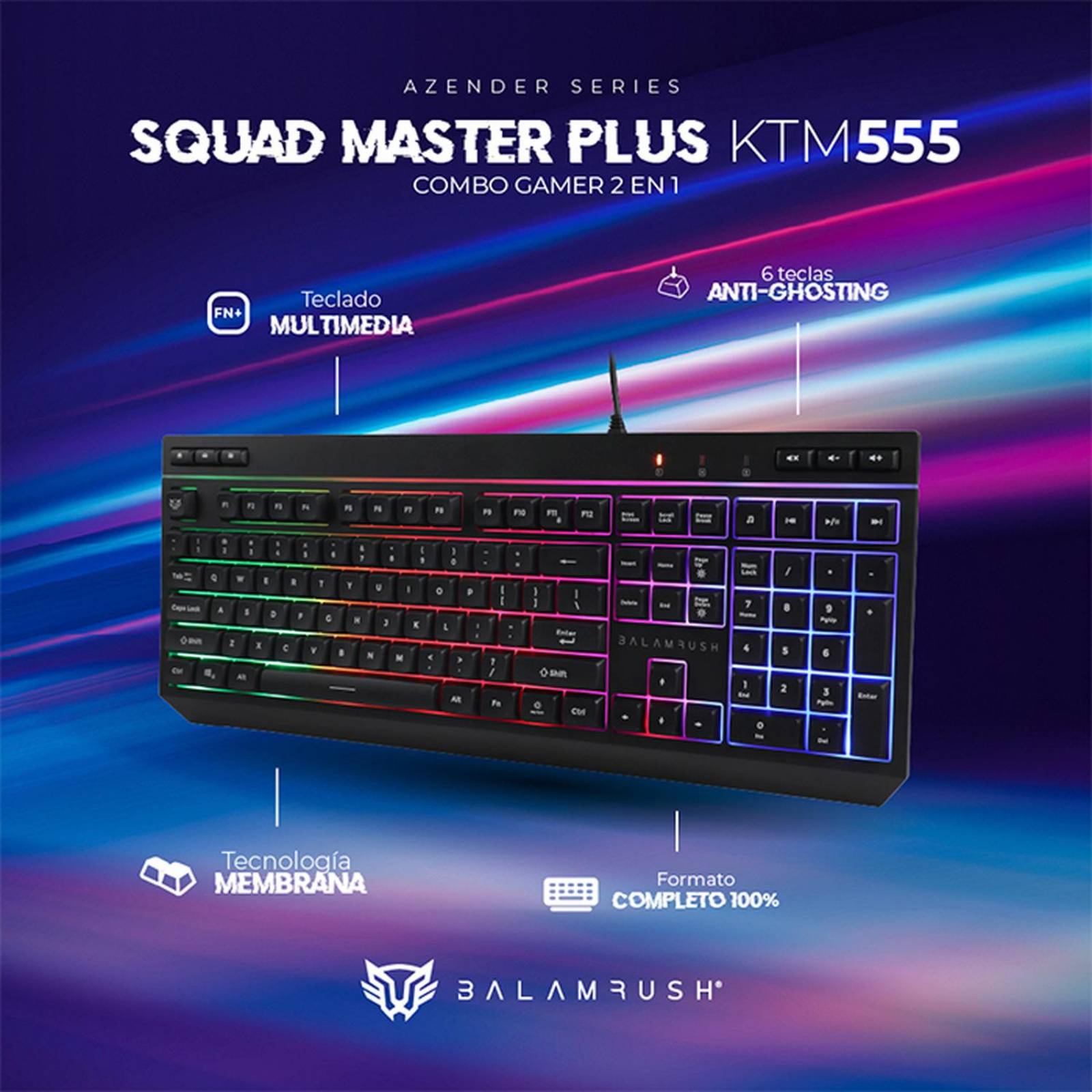 Kit Teclado y Mouse Gamer BALAM RUSH SQUAD MASTER PLUS KTM555 Alambrico USB RGB Negro BR-936286 