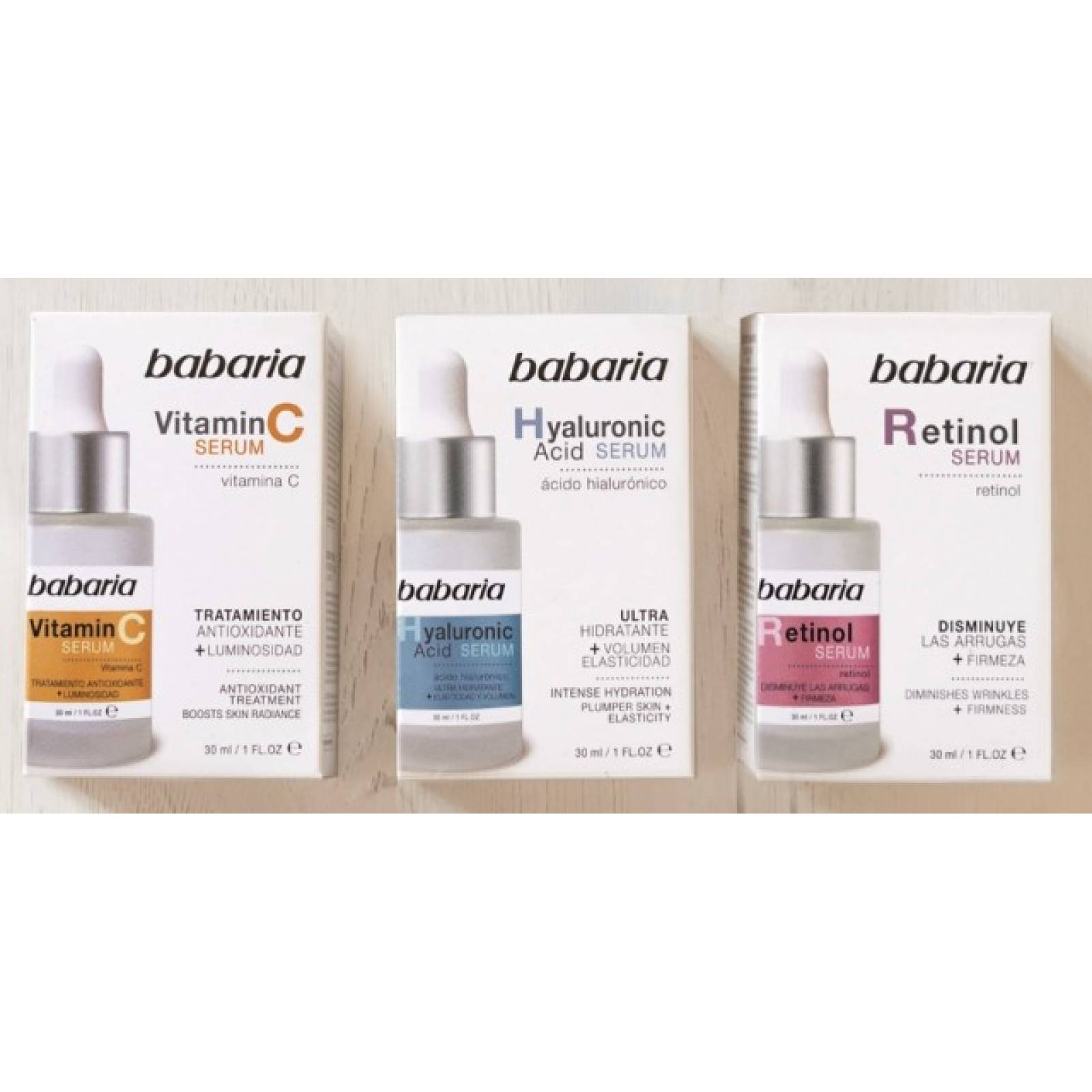 Kit serums faciales Acido Hialuronico, Vitamina C y Retinol