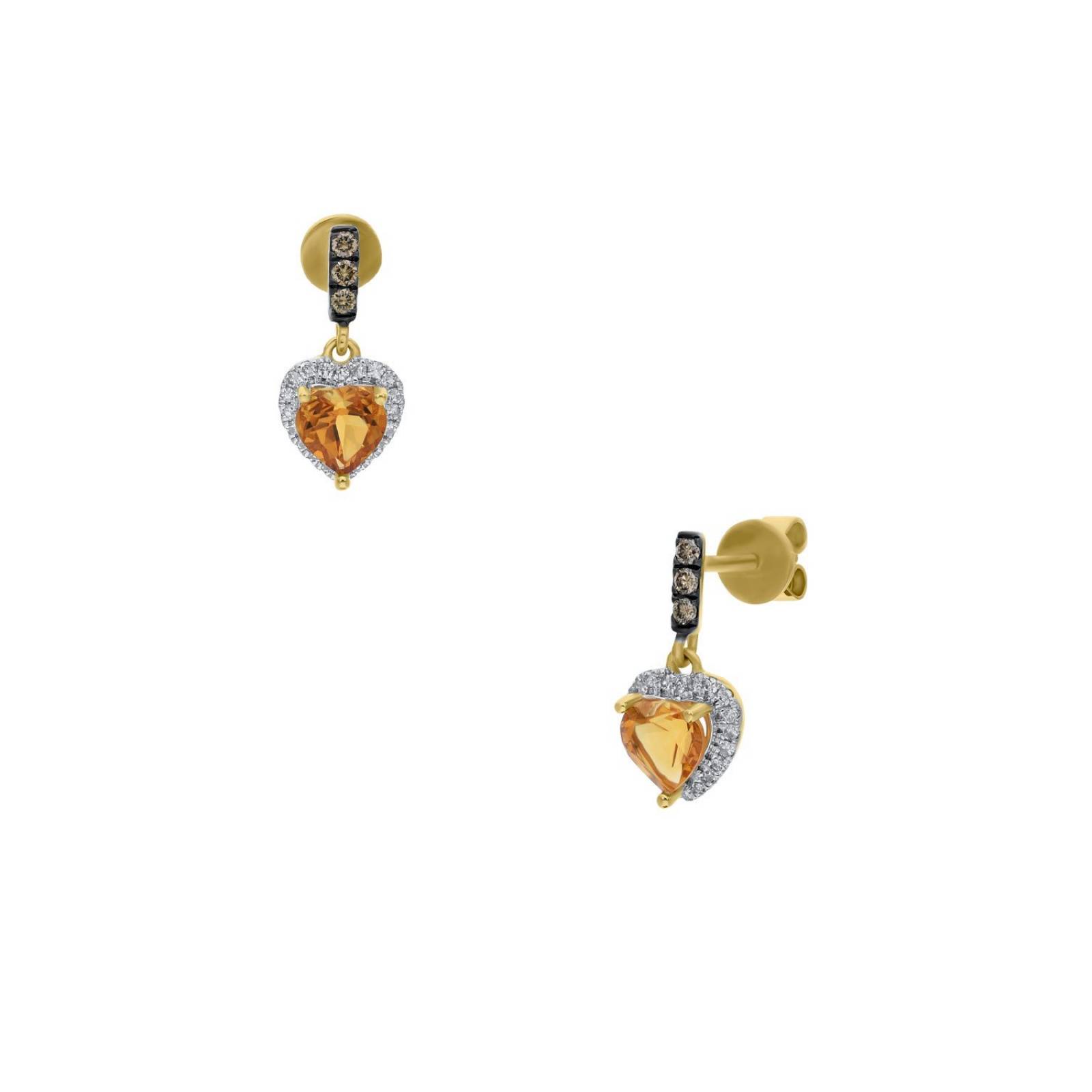 ARETES DE ORO AMARILLO 14K CON 11PTS DE DIAMANTE  BLANCO Y CAFE CON CITRINA