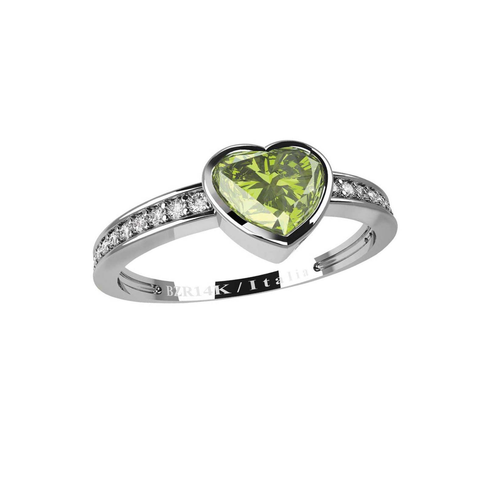 ANILLO DE CORAZON EN ORO BLANCO CON 7 PTS. DIAMANTE Y 48 PTS. PERIDOTO