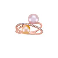 Anillo De Oro Rosa Con 12Pts De Diamante Y Perlas De Dos Tonos